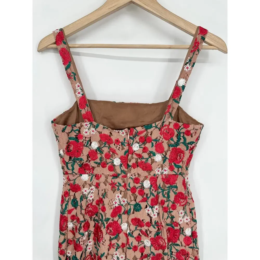Lovers + Friends Under the Stars Midi Dress Floral Lace Ruffle Cottagecore Nude - Picture 9 of 15